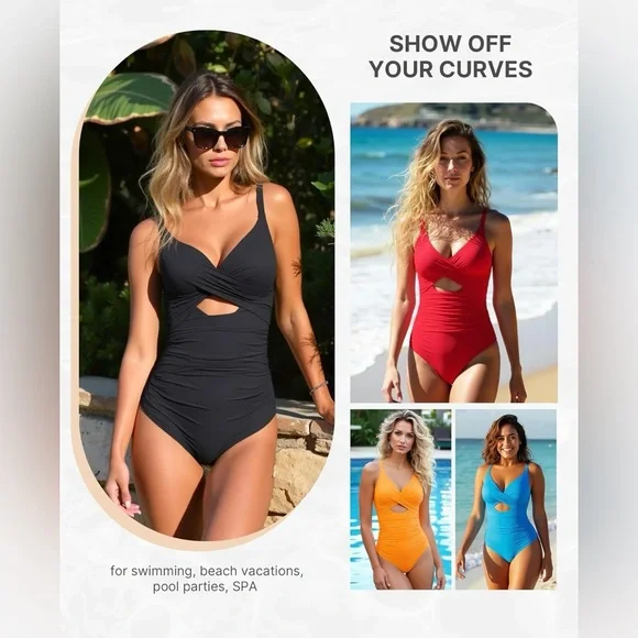 SHAPELLX Women’s Tummy Control Swimsuit V Neck Ruched Push Up Built-in Bra - Picture 5 of 10